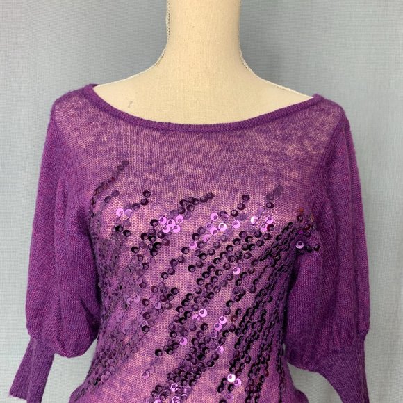 Purple BEBE Knit Top / Purple Sequin Blouse / Vintage Bebe / Early 2000's Top / - Picture 2 of 8